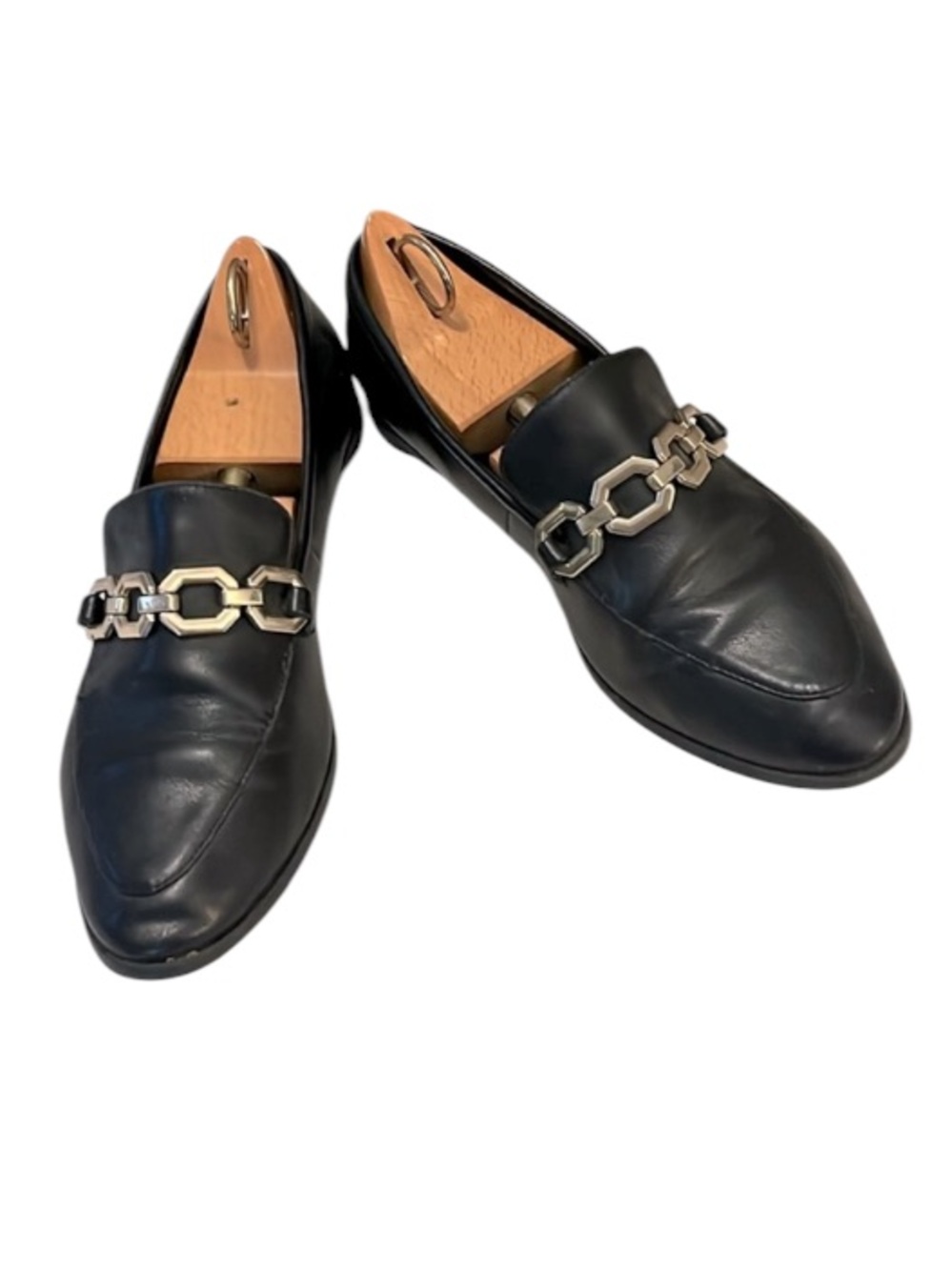 H&M Black Faux Leather Goldtone Hardware Slip On Loafers Sz 38